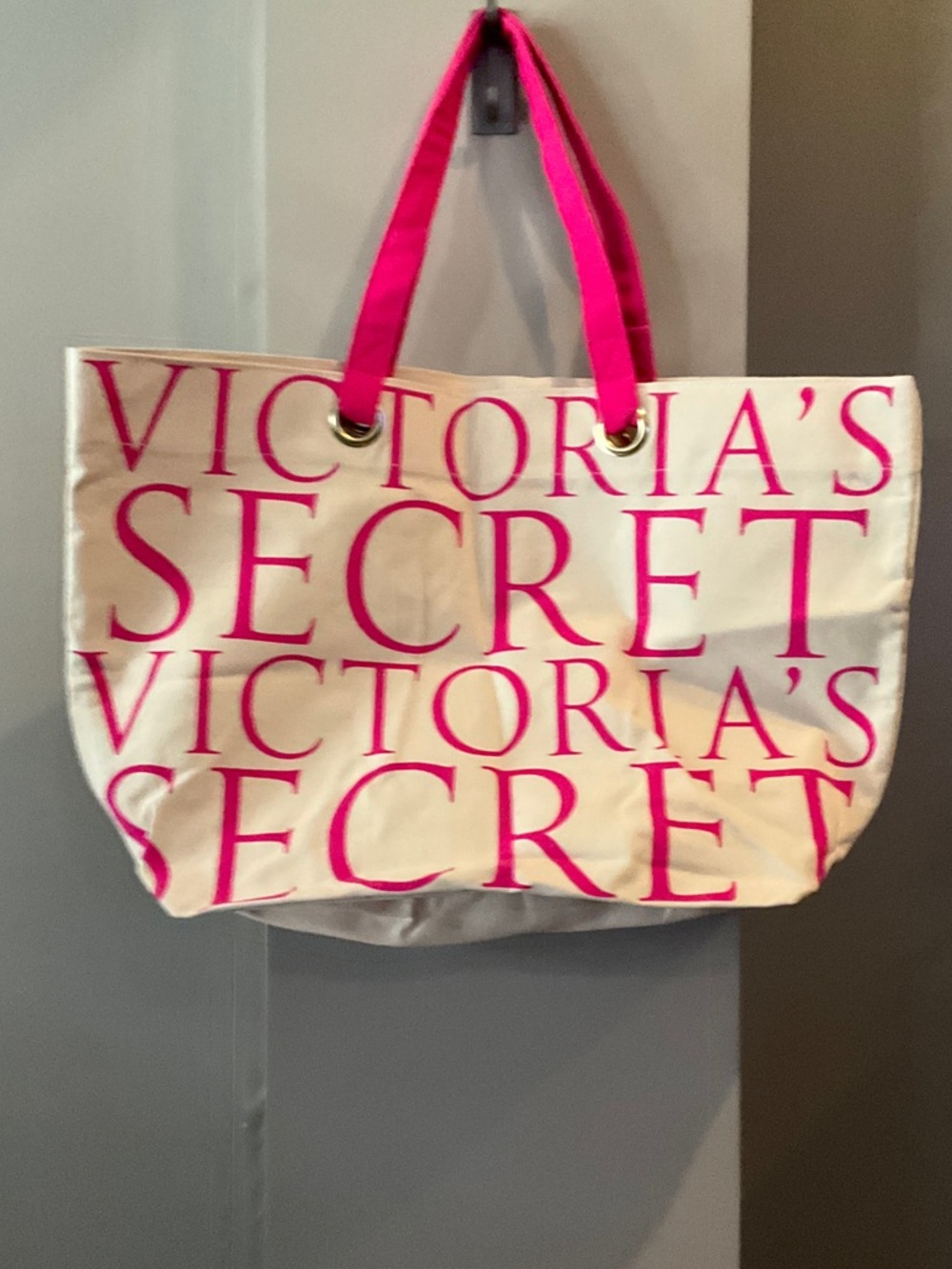 Victoria's Secret Cream Canvas Tote with Hot Pink Logo and Handles